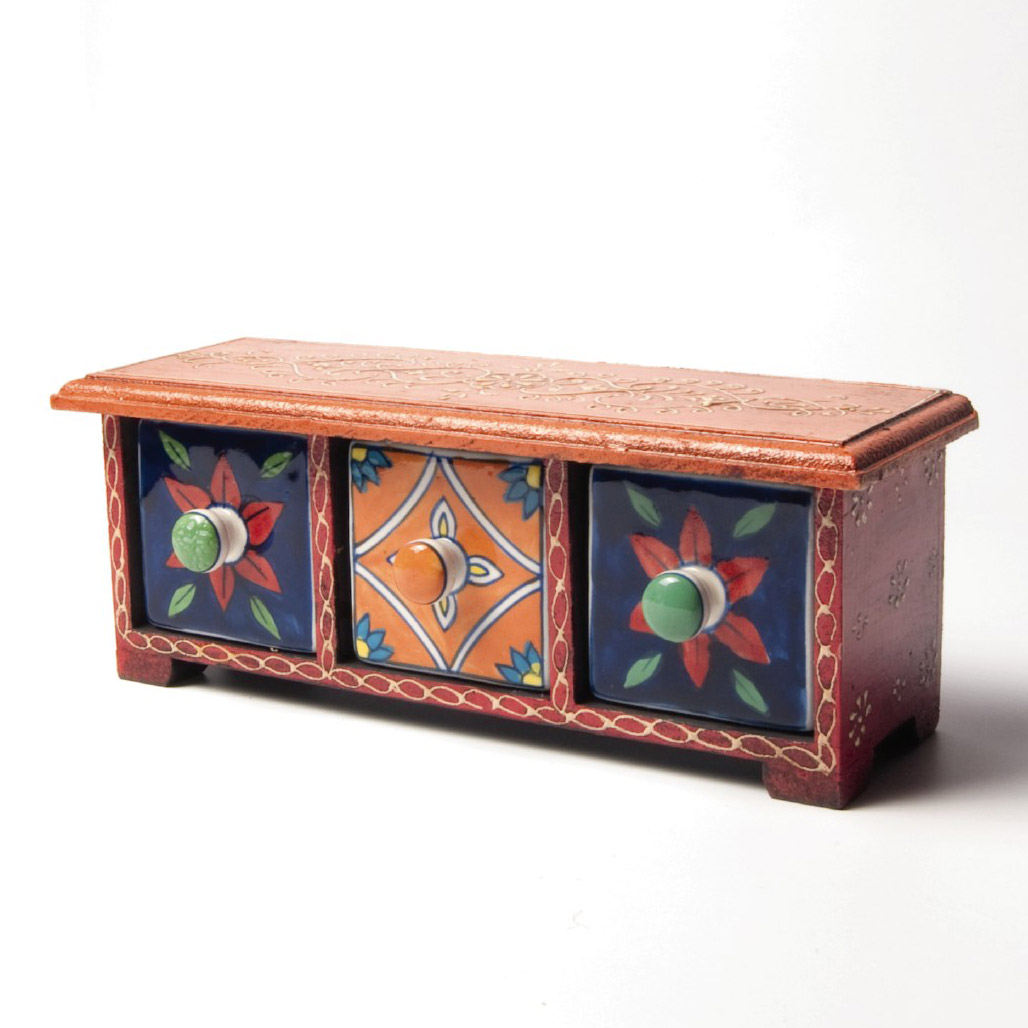 Schubladentruhe mit 3 Schubladen, orange/rot/blau, L 10 cm, B 30 cm, H 11 cm von fischer's lagerhaus