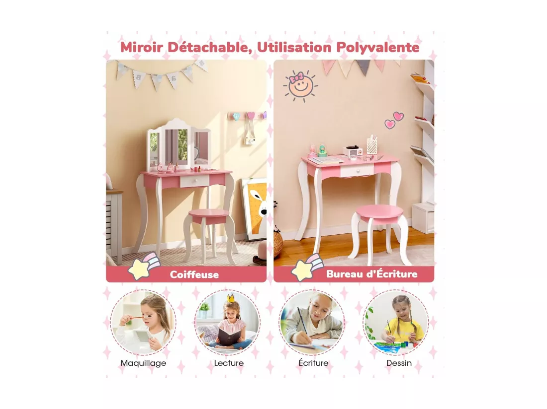 2 en 1 Coiffeuse Enfants avec Tabouret & Miroir Amovible à 3 Volets, Table de Maquillage avec Tiroir & Dispositif Anti-basculement, Charge 70/50kg pour Enfants de 3 Ans+