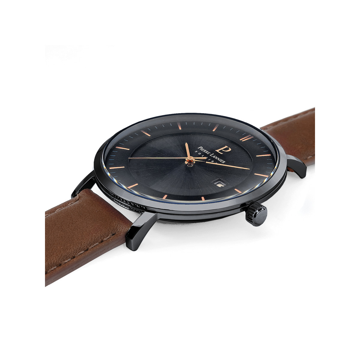 Montre Pierre Lannier homme solaire acier noir bracelet cuir brun