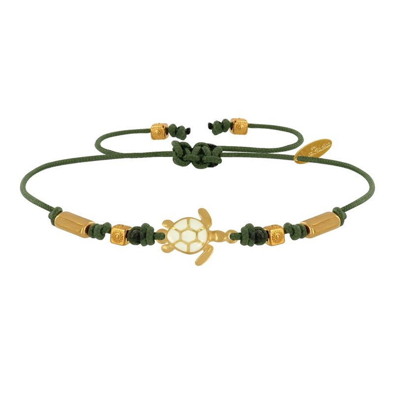 Bracelet Lien Laiton Doré Tortue Émaillé Blanche - Vert kaki