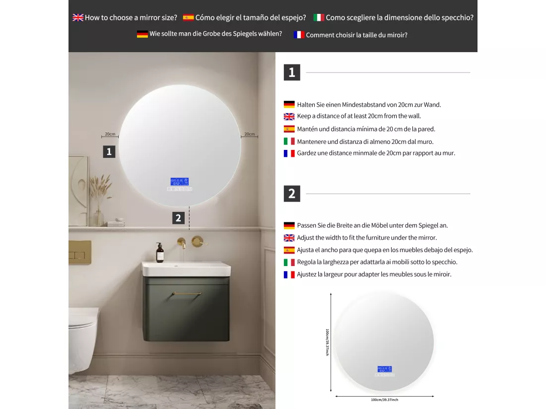 Miroir de salle de bain rond lumineux 100 cm,avec haut-parleur Bluetooth, avec affichage de la température et fonction désembueur, avec éclairage LED, réglage à six boutons, avec interrupteur tactile