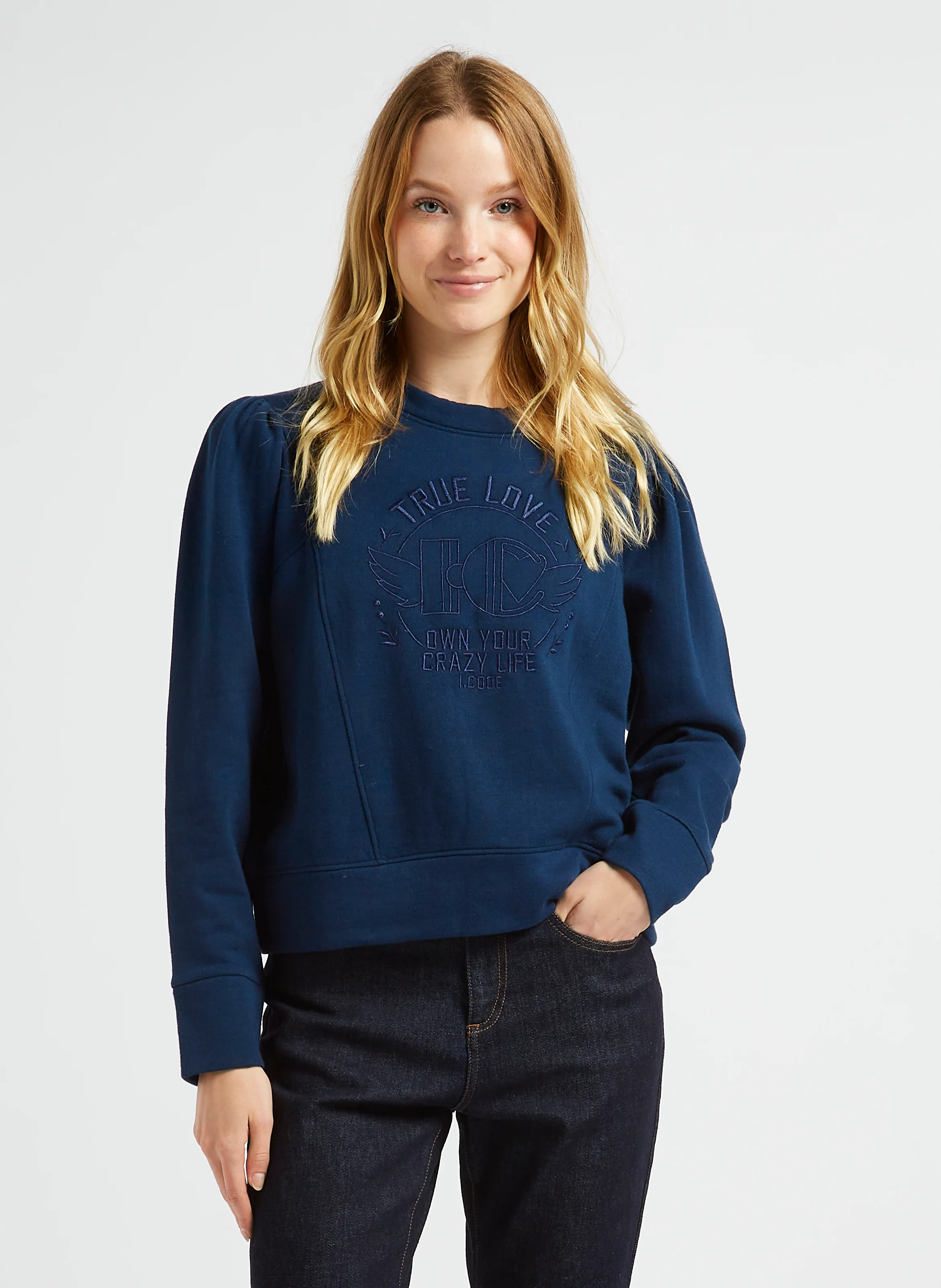 Sweat oversize col rond en coton mélangé | Bleu