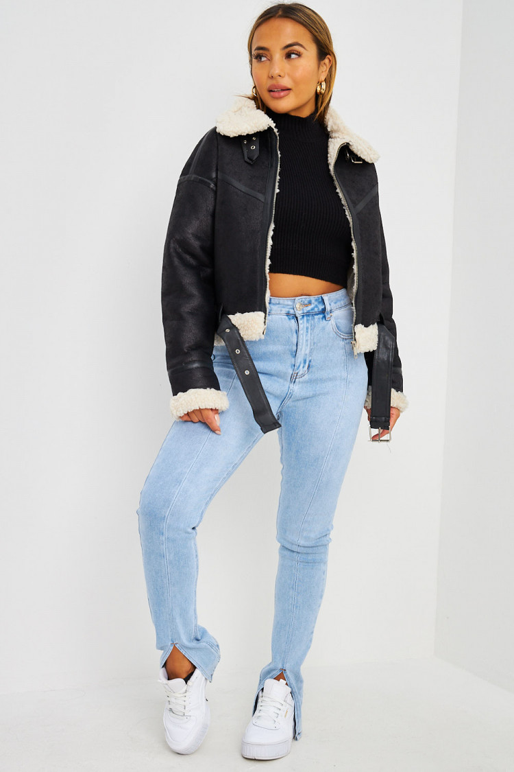 Bomber aviateur noir court peau de mouton beige
