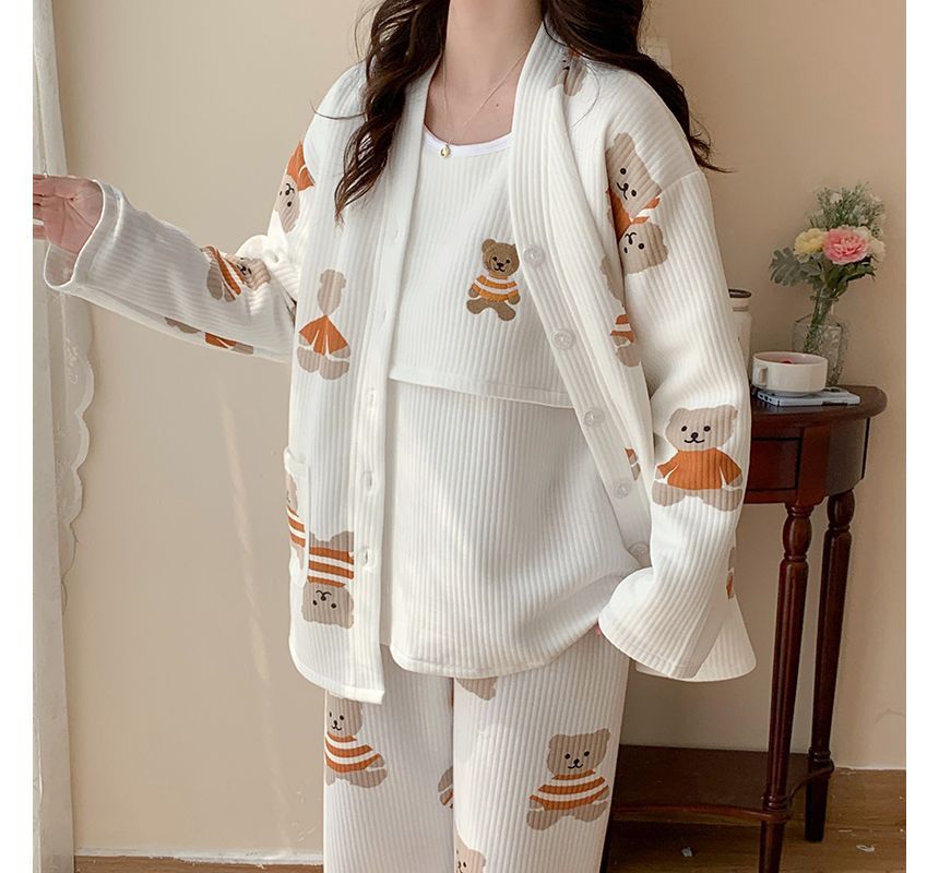 Dazzli - Zwangerschapspyjamaset: Cartoon-jasje met knoopjes + top + broek
