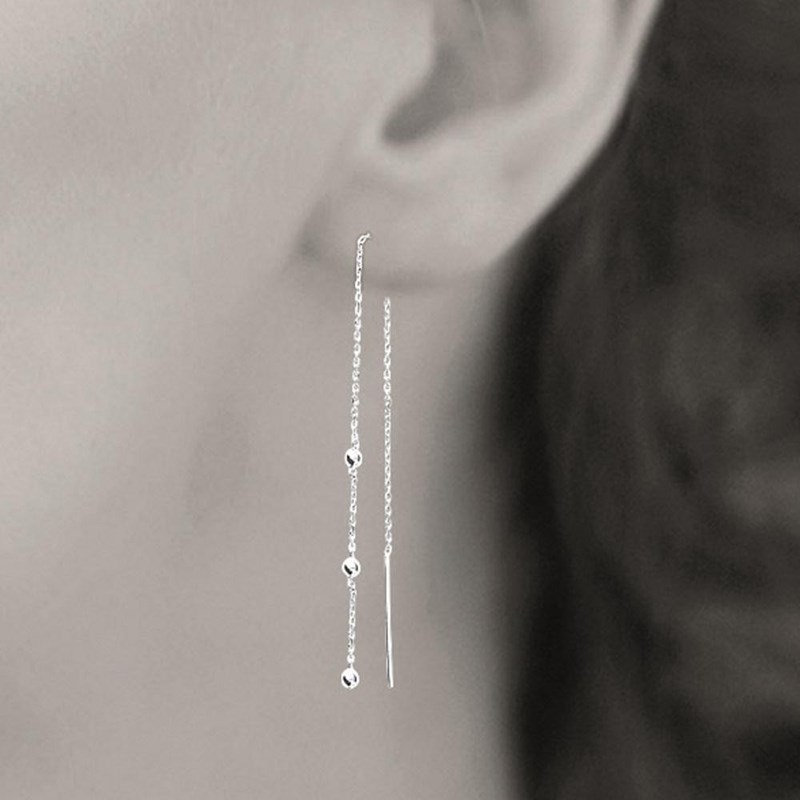 Boucles d'oreilles traversantes chaînes perles de billes Argent 925 Rhodié