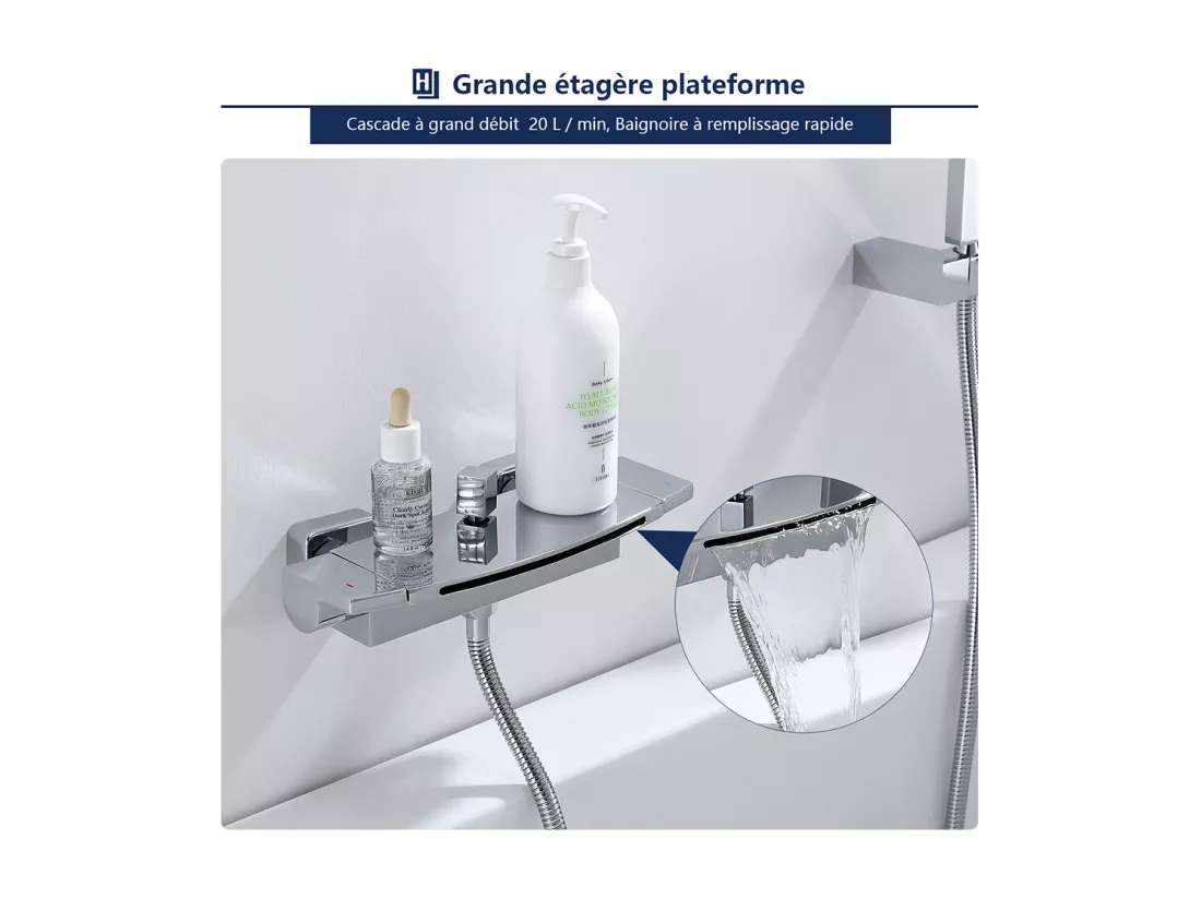 Mitigeur de Baignoire Cascade Robinet de Douche Mural avec Douchette à Mains Laiton Set de douche en Laiton Chromé