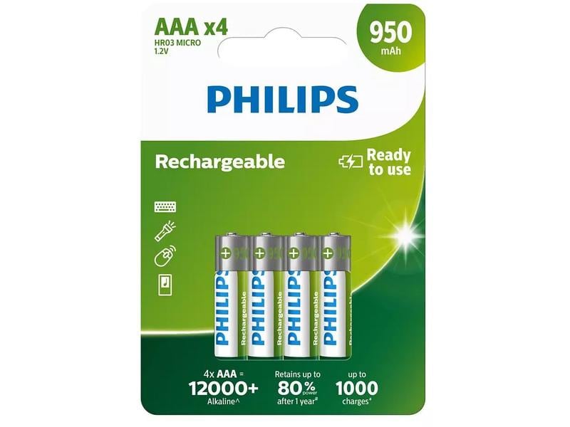 Philips Akku Rechargeable NiMH AAA 950 mAh, 4 Stück AAA-Akkus im 4er-Pack