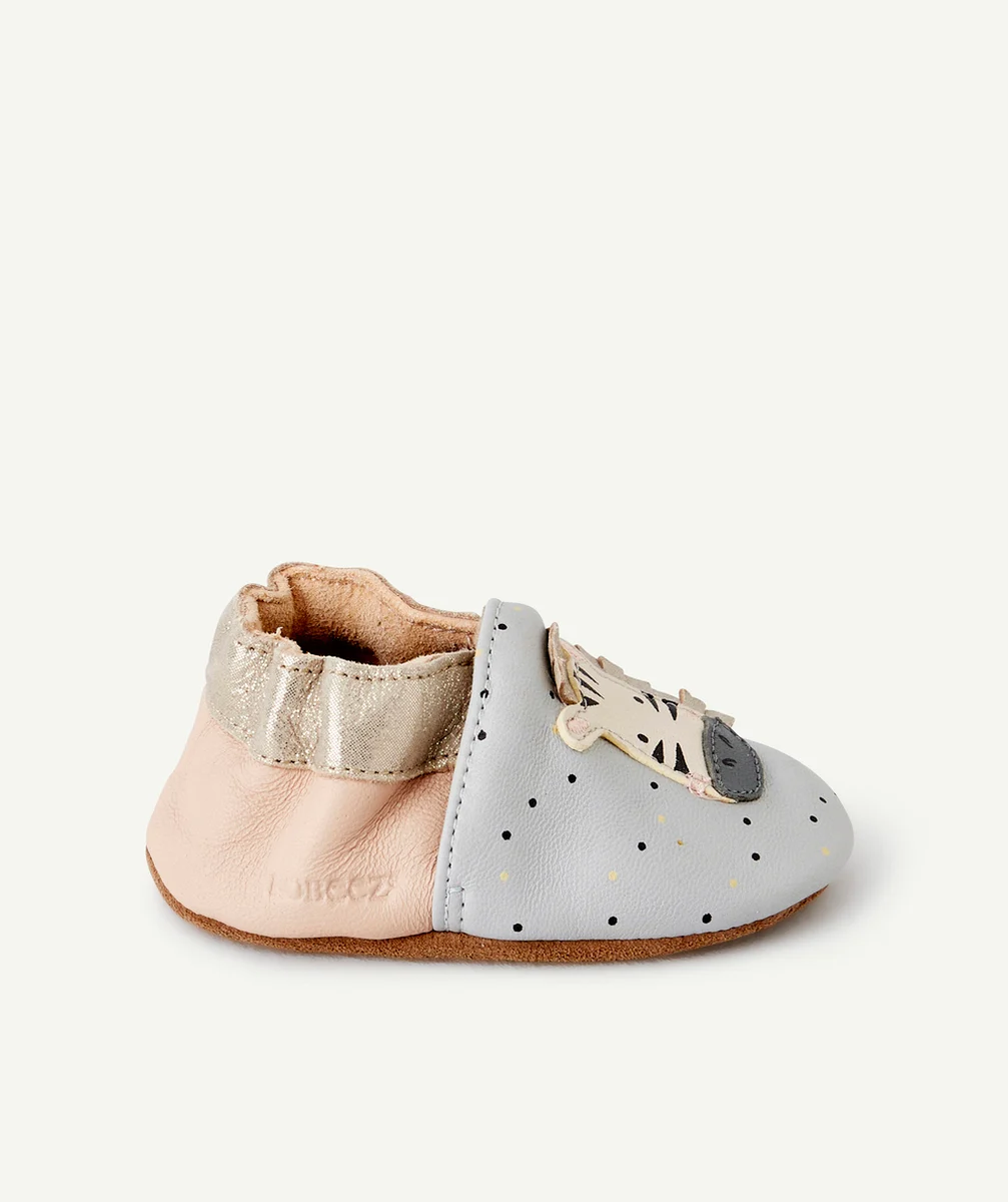 ROBEEZCHAUSSONS BÉBÉ EN CUIR ROSE ET GRIS AVEC ZÈBRE