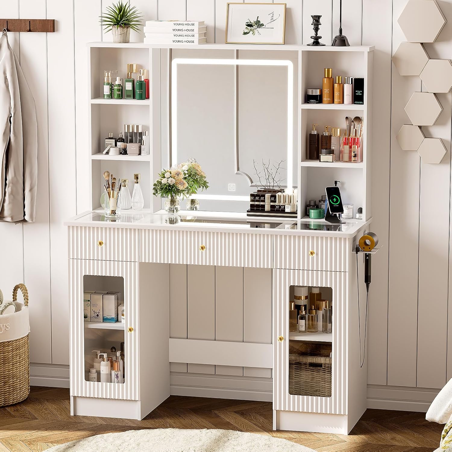 Belife Schminktisch mit LED-Spiegel & Glasplatte, Moderner Make-up Tisch mit Steckdose, 3 Schubladen & Riffeloptik Design, 3 Lichtfarben Dimmbar QG6070882