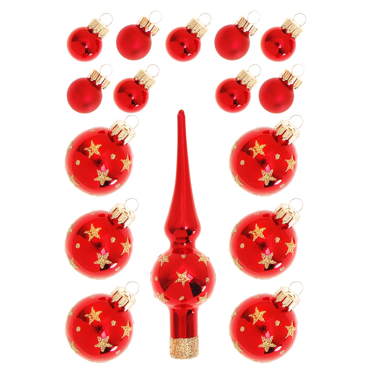 Rode mini glazen decoratieset, 2cm en 3cm ballen, 12cm spike, met de hand versierd, 16 stuks, kerstballen, kerstversieringen, kersthangers
