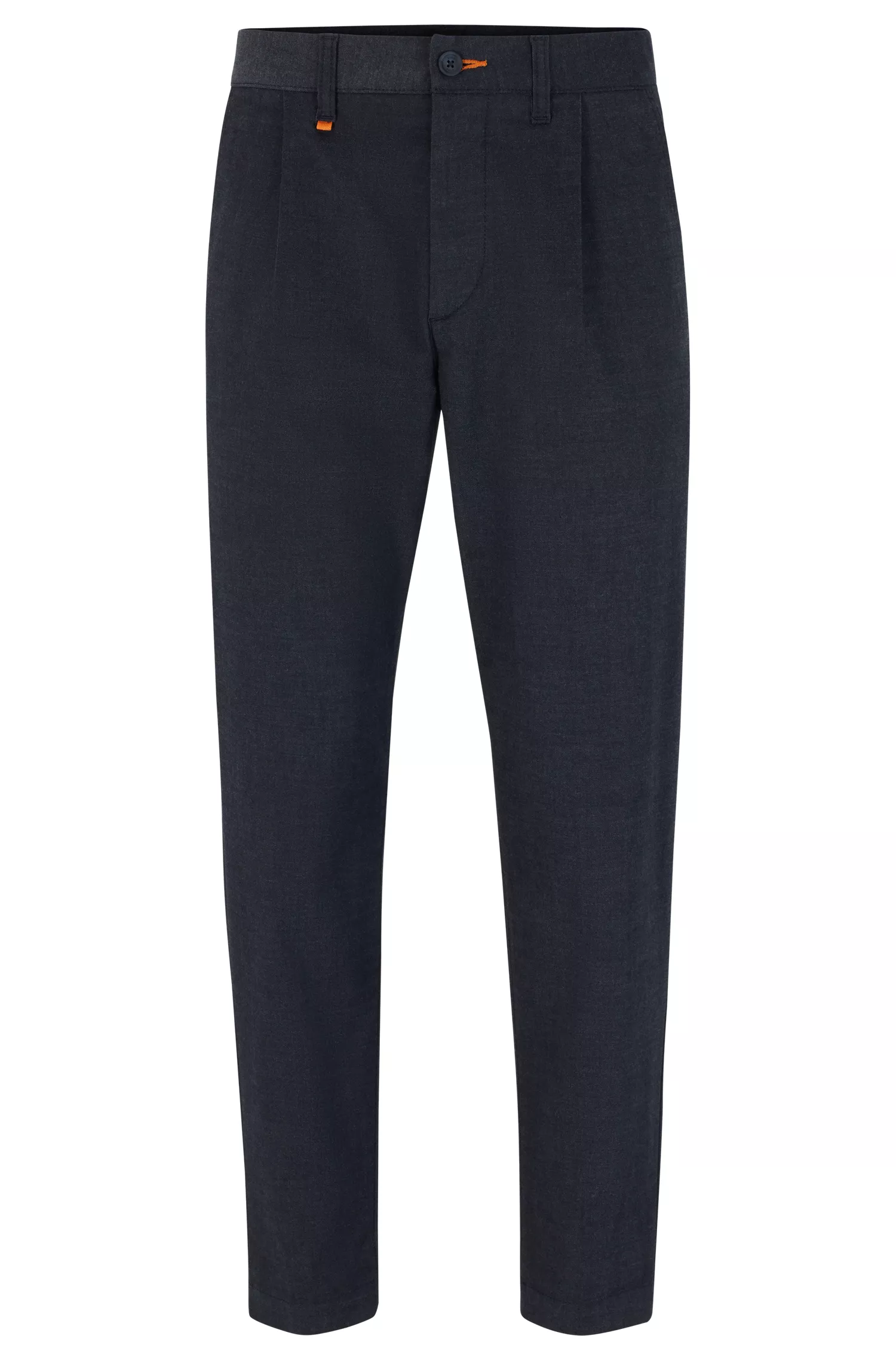 Calça BOSS laranja, corte slim, em tecido mesclado elástico.