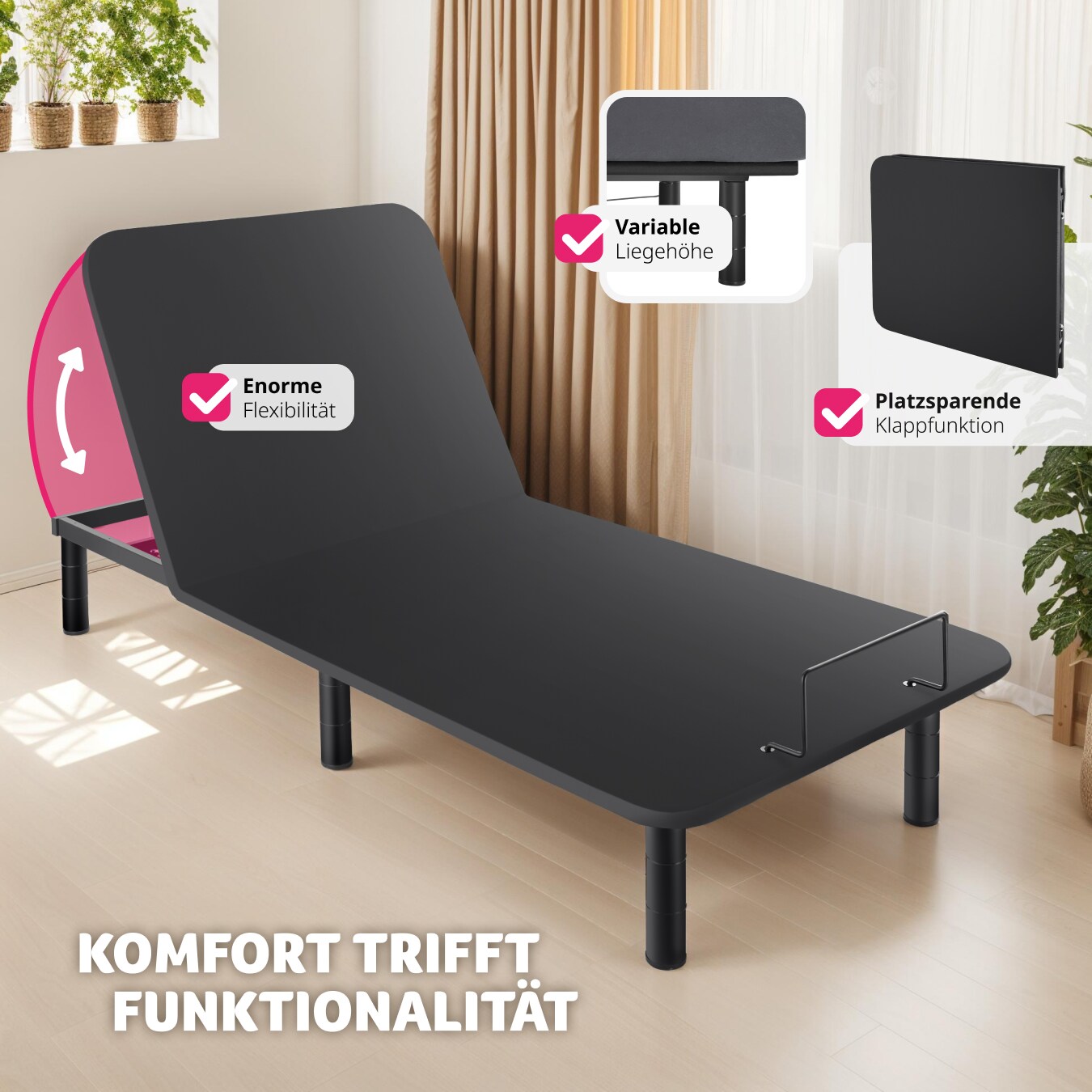 tectake® Bettgestell mit elektrisch verstellbarem Lattenrost, elektrisch verstellbares Rücken- und Fußteil, Belastbarkeit 340 kg, Polyesterbezug, 90 x 200 x 42,5 cm