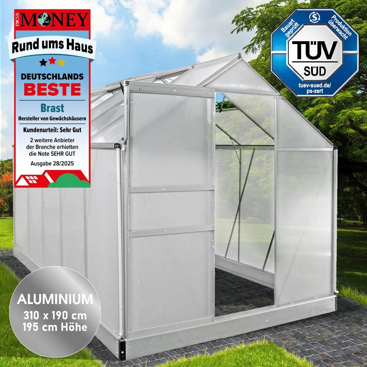 BRAST Gewächshaus Aluminium mit Fundament | 42 Modelle | 130x190x195cm - 490x250x235cm | TÜV geprüft | 6mm Hohlkammerplatten | rostfrei wetterfest temperaturbeständig | 310x190x195cm Silber