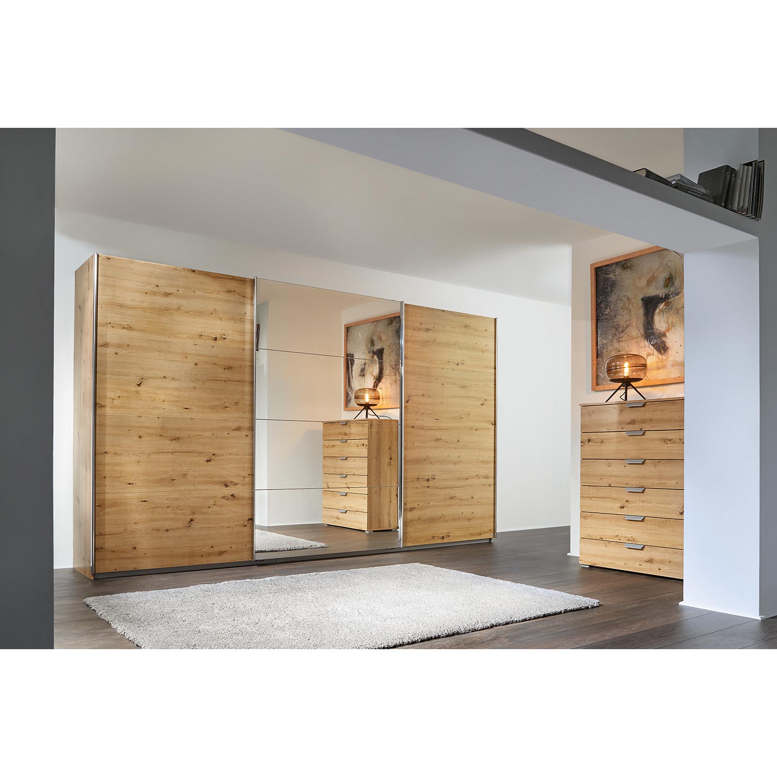 Schwebetürenschrank - Eiche Artisan - mit Spiegel - 360x210 cm