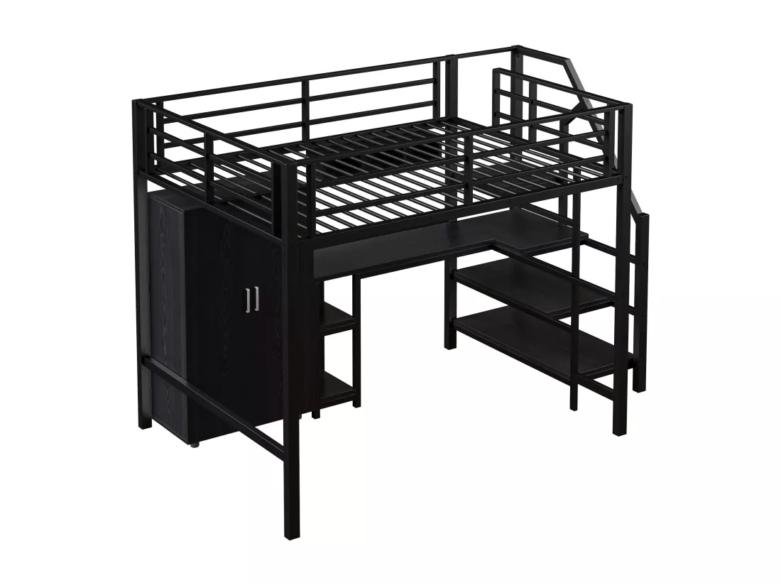 Lit mezzanine 140x200 cm en métal - avec bureau、penderie et échelle de rangement - Noir