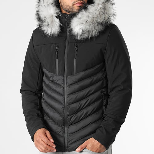 Doudoune Capuche Tech Fitted Avec Fourrure Grise 0053 Noir