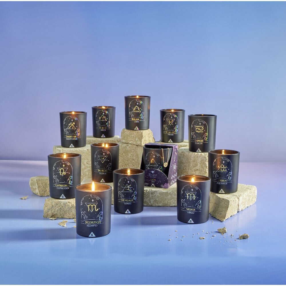 Bougie bijou doré signe astro Gémeaux senteur caramel 36H