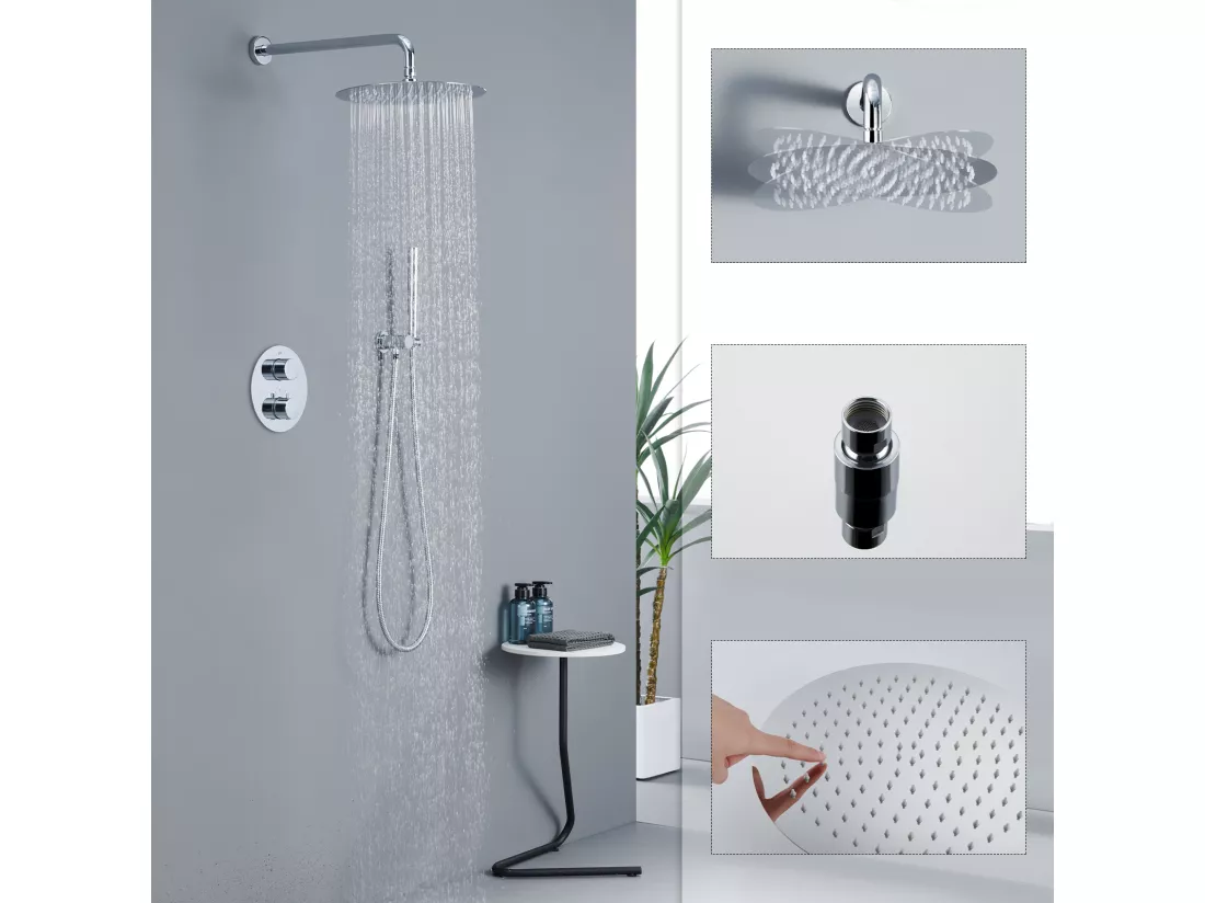 Encastré Colonne de Douche Thermostatique Système de Douche Rond Grande Douche de Tête Set de Douche Encastrée en Laiton Chromé Design Moderne