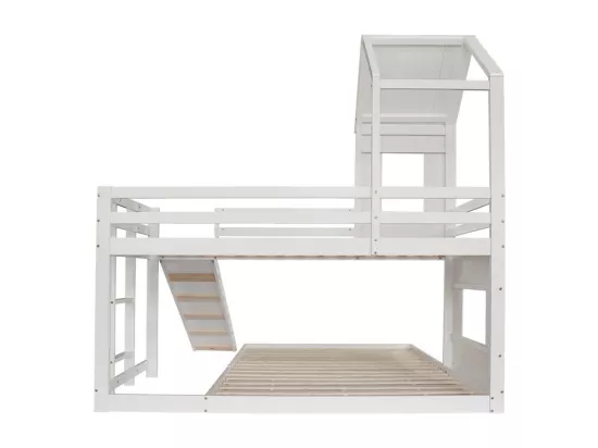 Lit superposé cabane pour enfant avec toboggan - 90x200cm et 140x200cm - Pin certifié FSC + MDF - Blanc