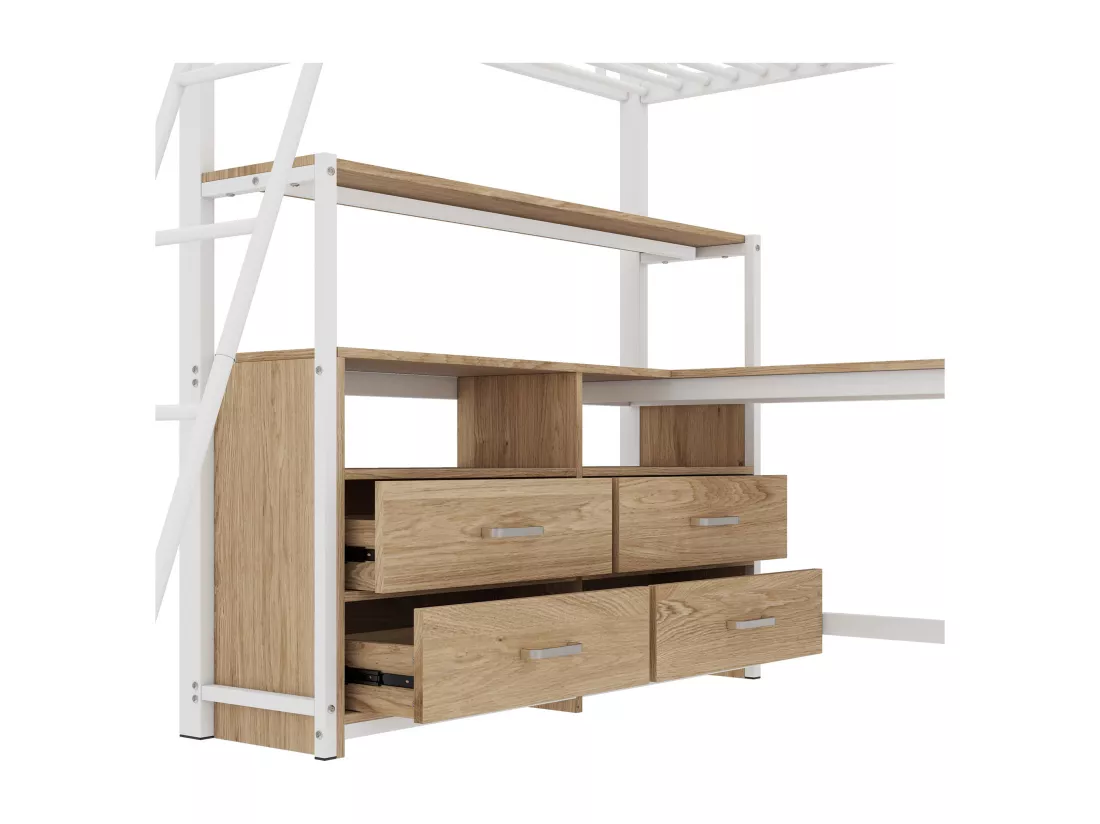 Lit mezzanine 140x200cm - bureau d'angle avec tiroirs - en MDF et métal - Blanc