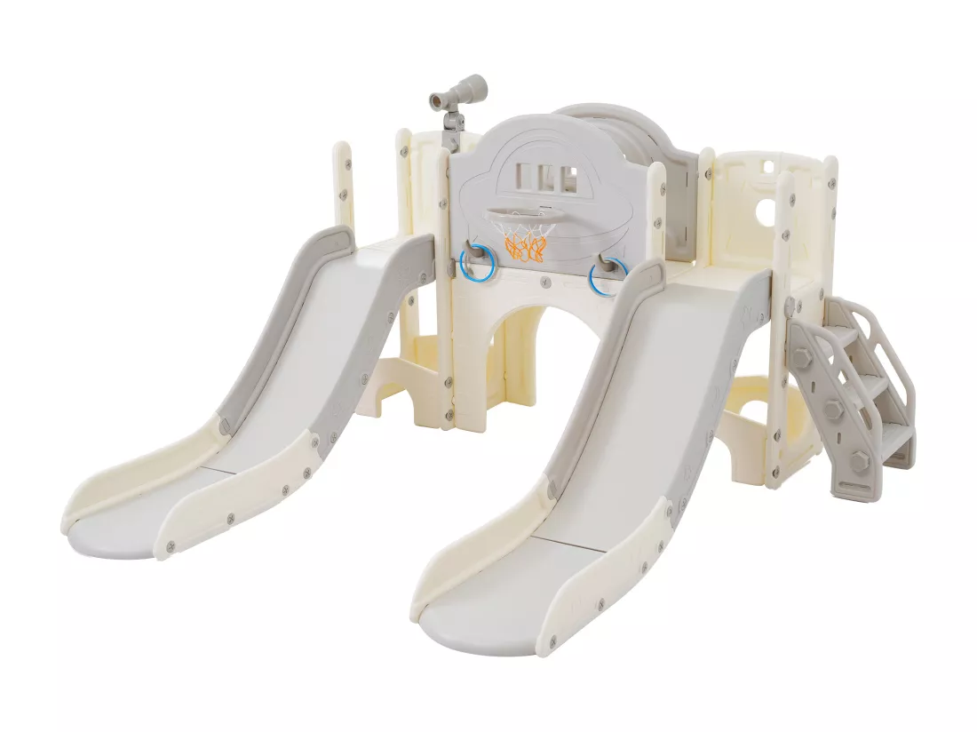 Aire de jeux pour enfants 8 en 1 avec toboggan, mur d'escalade, jeu de trous de forage, sol gris