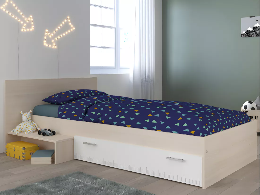 Lit enfant 90 x 190 cm avec 1 tiroir - Coloris : Naturel et blanc + sommier + matelas - IPLIA
