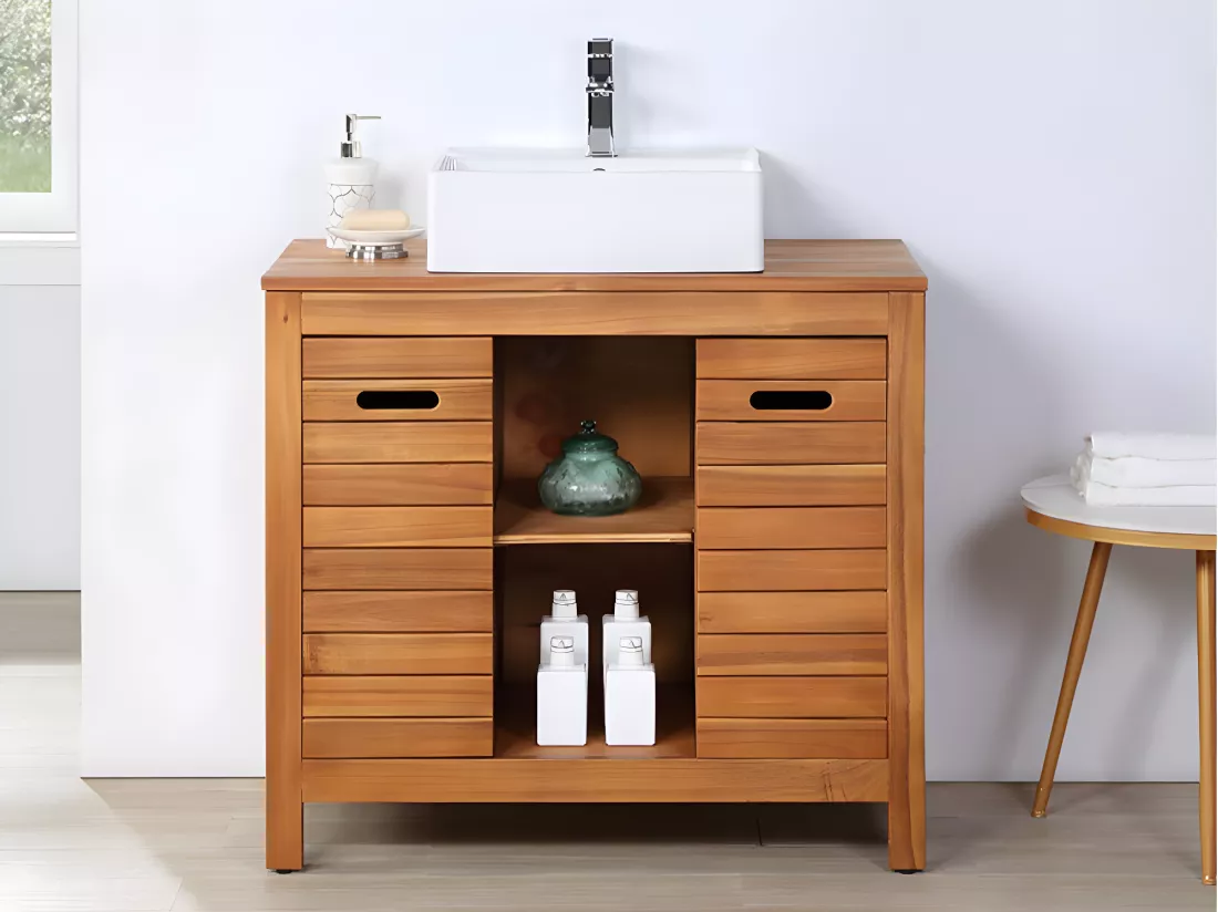 Meuble de salle de bain en bois d'acacia avec simple vasque - 90 cm - PULUKAN