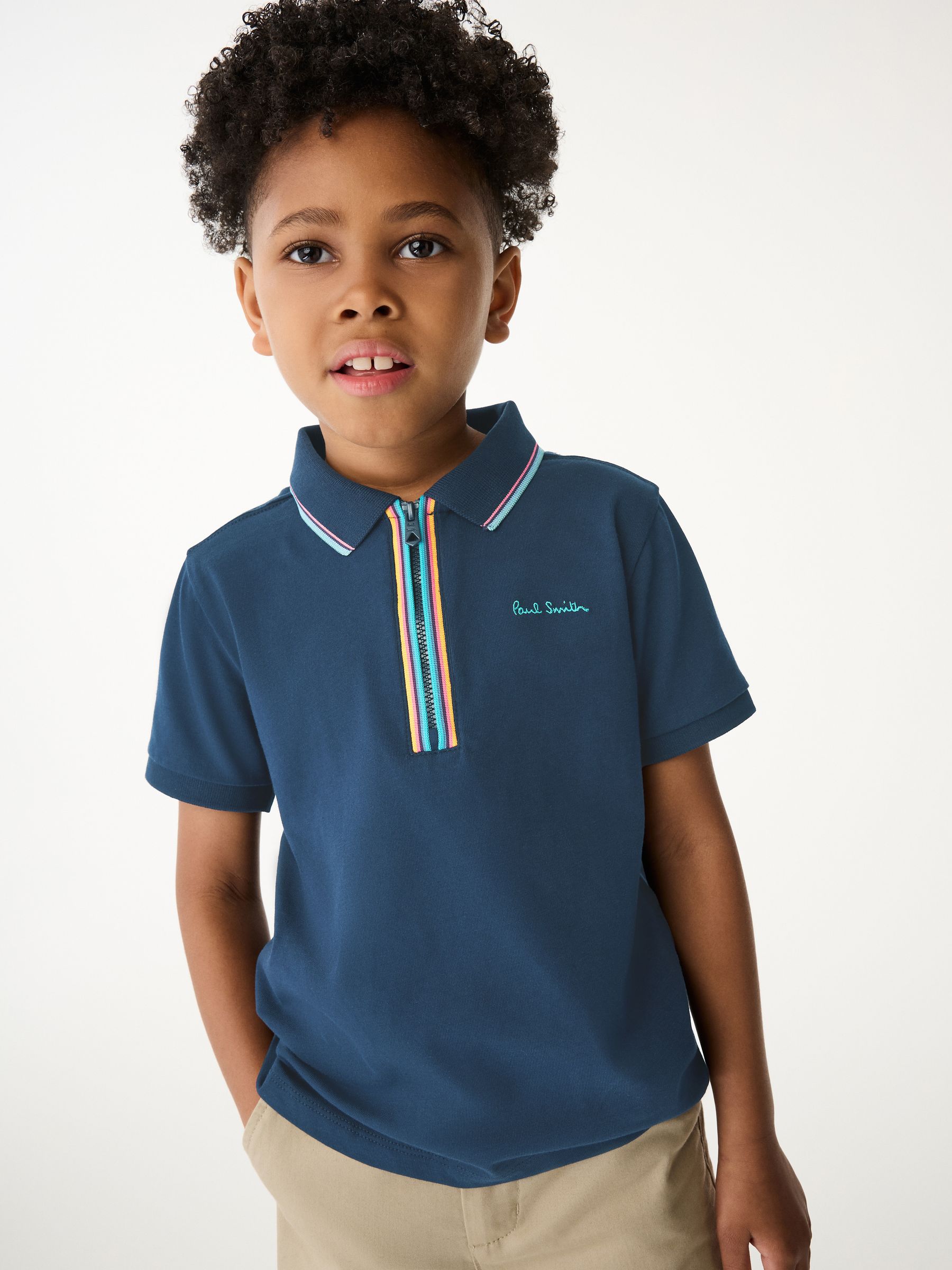 Marineblauw - Paul Smith Junior poloshirt voor jongens met korte mouwen en artistieke streep met korte rits