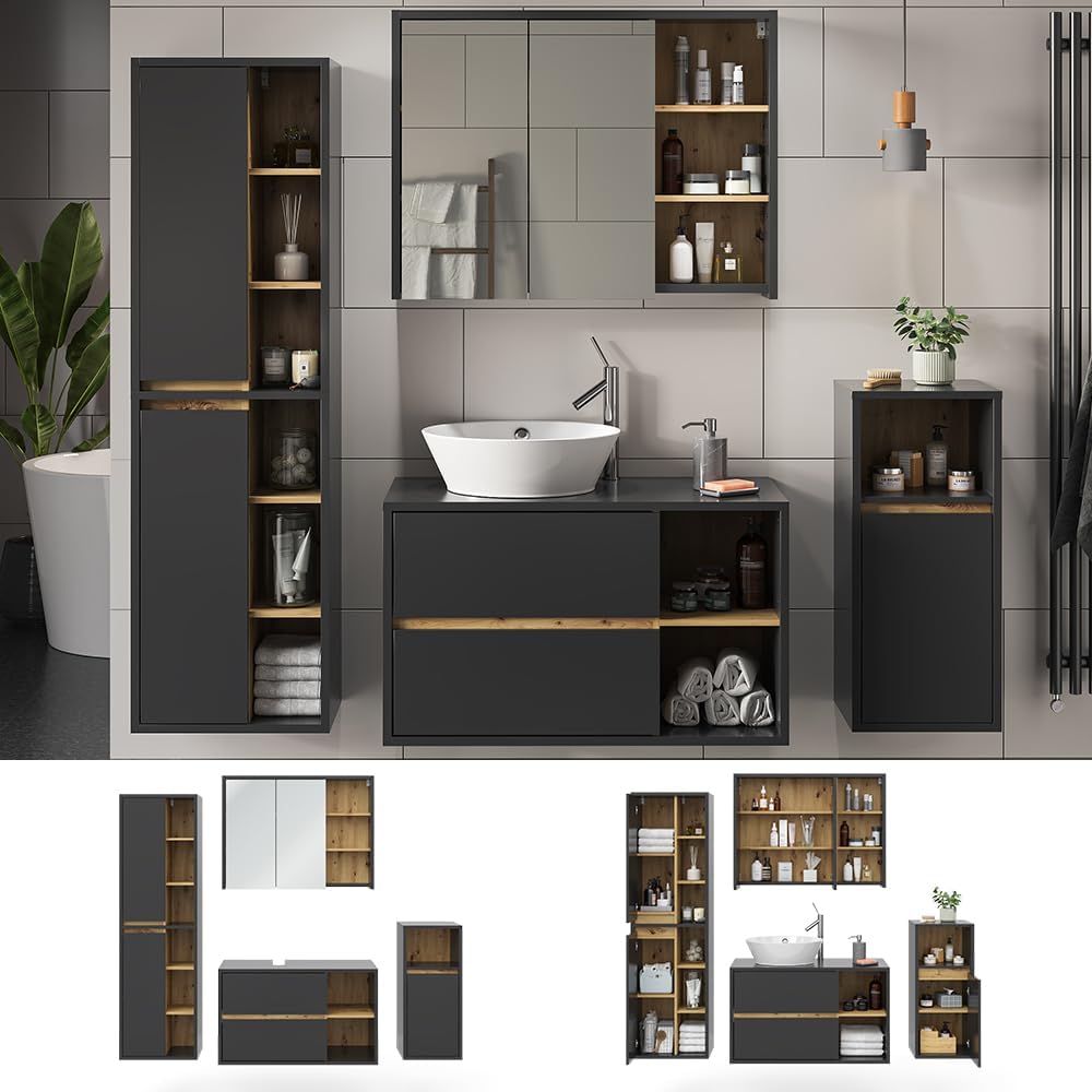 Vicco Badmöbel-Set Anthrazit Viola, bestehend aus Badspiegelschrank, Waschbeckenunterschrank, Midischrank, Hochschrank - Mehr Stauraum ohne Bodenfläche zu nutzen