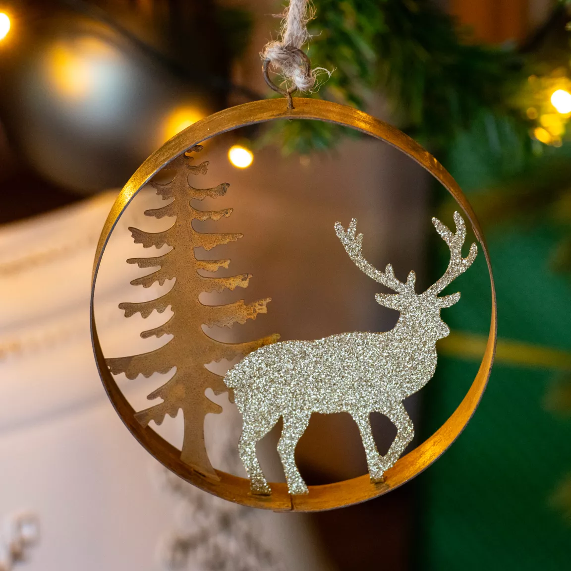 Suspension de Noël (D12 cm) Rennes des forêts Or pailleté
