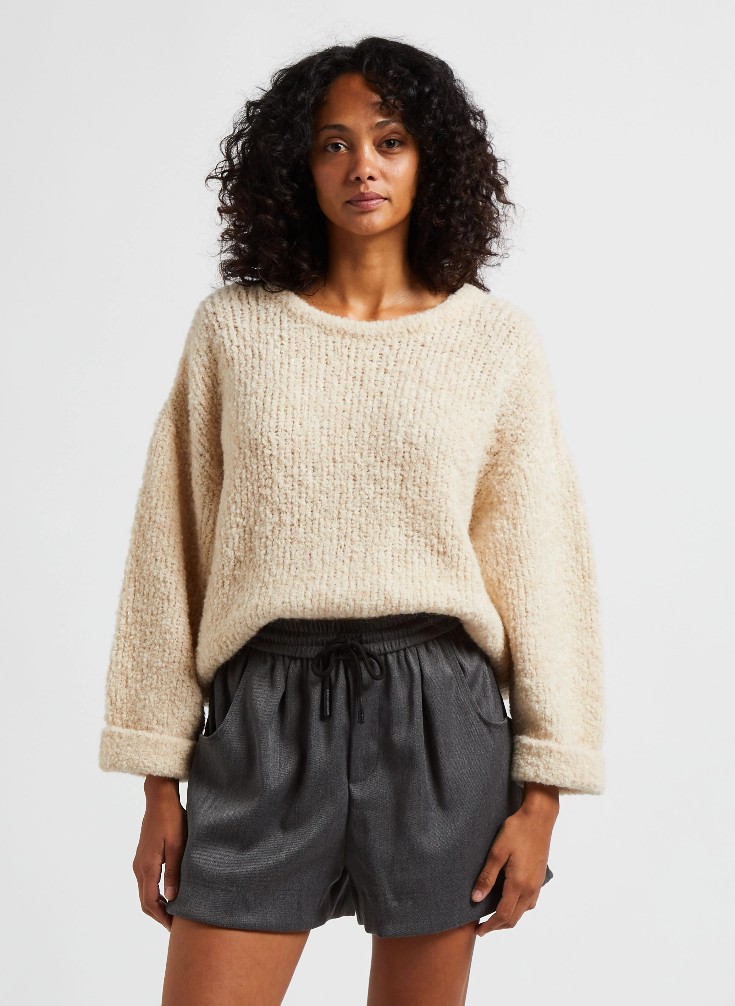ZOLLY - Pull ample col rond en laine ample | Beige