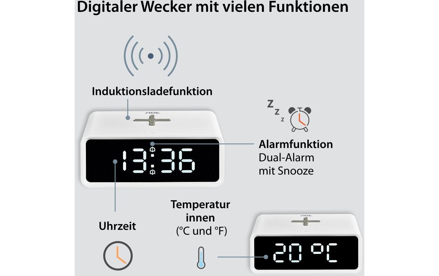 Digitalwecker mit TemperaturanzeigeWecker mit Induktionsladung