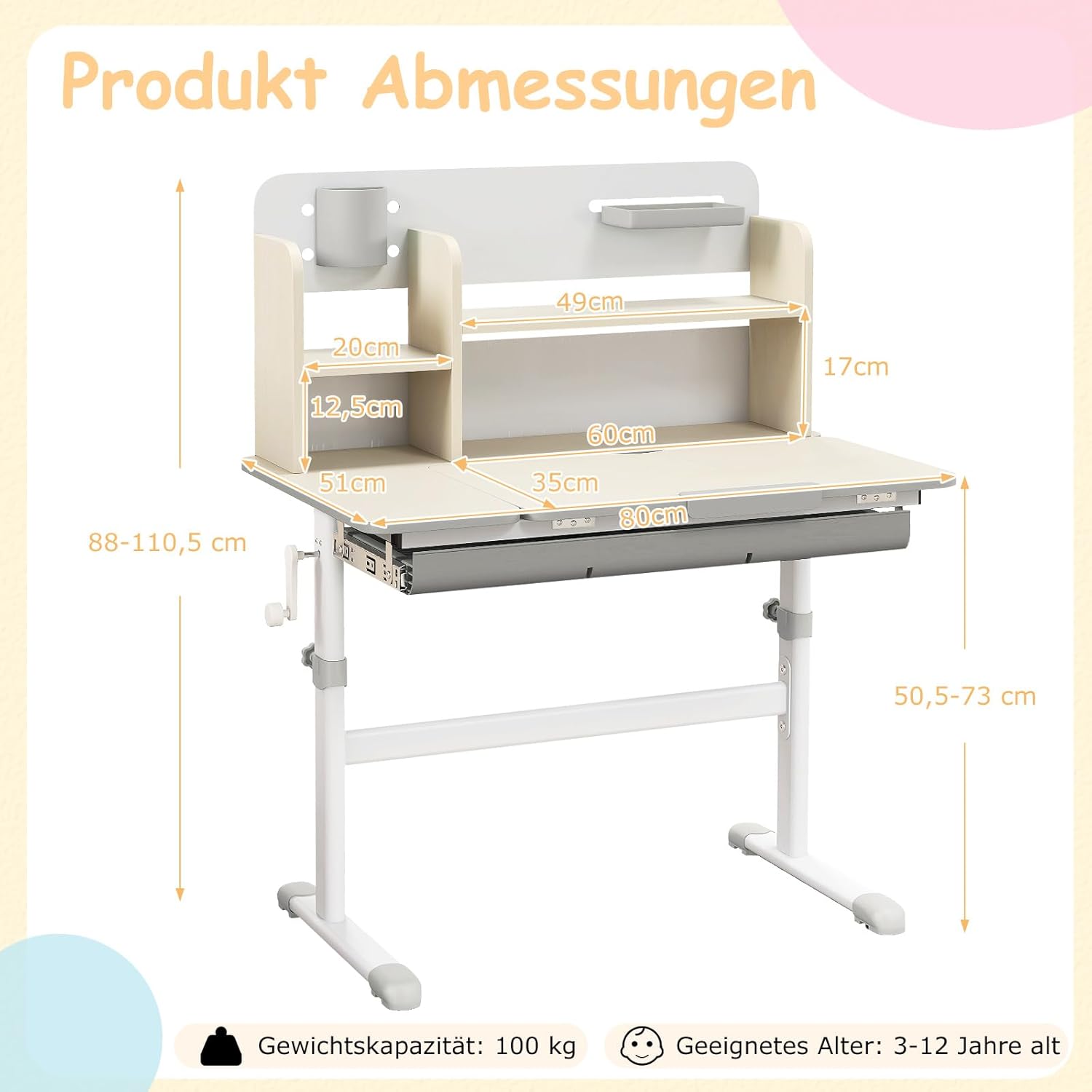COSTWAY Kinderschreibtisch höhenverstellbar, Schreibtisch Kinder mit neigbarer Tischplatte, Regalen & Schublade, Jugendschreibtisch Schülerschreibtisch für 3-12 Jahre Kinder (Grau)