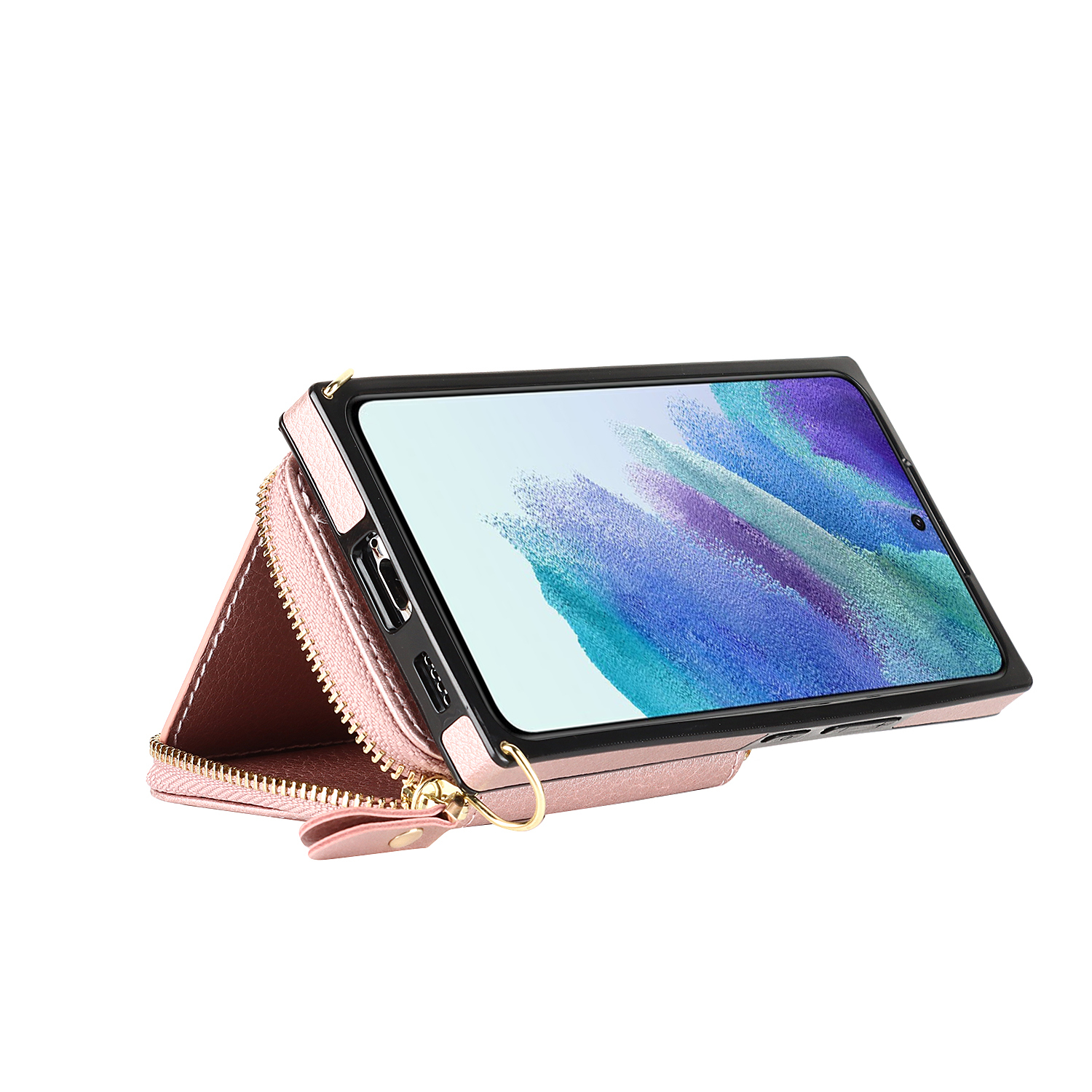 Samsung Galaxy S21 FE 5G Necklace Leder Schutz Hülle mit Kartenfächer   Handykette (140cm) - Roségold