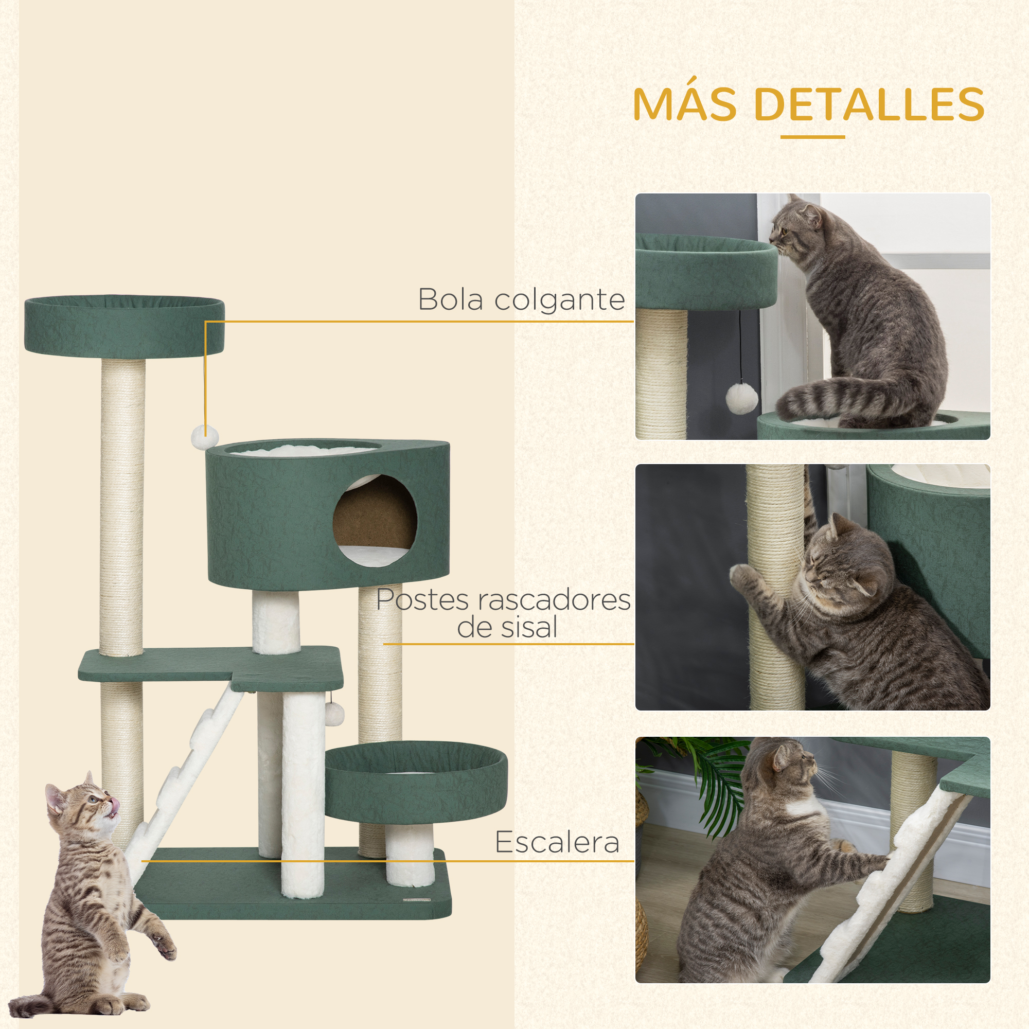 Arranhador para Gatos PawHut, 114 cm de altura, Torre para Gatos com 2 Camas, Caverna, Rede, Plataforma, Escada, Bolas Penduradas e Postes de Sisal, 70x50x114 cm, Verde