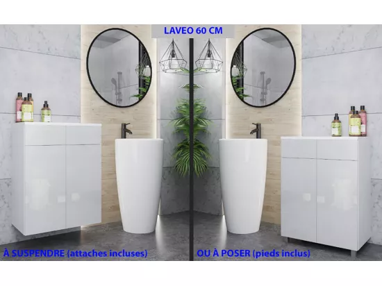 LAVEO 60 CM - Meuble salle de bain en BLANC laqué à accrocher ou poser