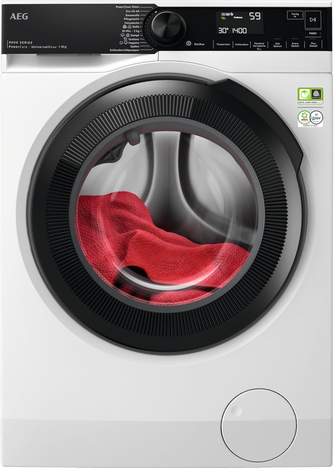 AEG Waschmaschine - Serie 8000 PowerCare- Faserschutz - UniversalDose Schublade für PODS - Auffrisch- & Nachlegefunktion - 8kg - Leise - Mengenautomatik - 1400 U/Min - Vollwasserstopp - LR8EG75480