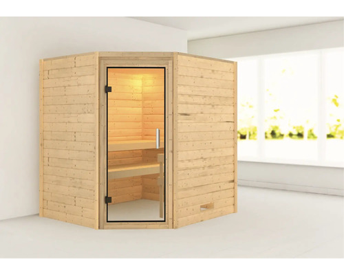 Karibu Mia blokhutsauna zonder kachel en dakopbouw, met volledig glazen deur van helder glas