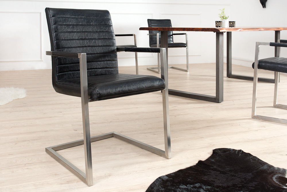 Industrial Freischwinger Stuhl LOFT antik schwarz Kunstleder mit Armlehne Edelstahl