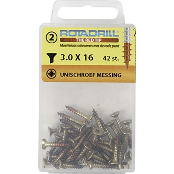 Rotadrill schroef universeel platkop messing 3.0x16 mm 42 stuks