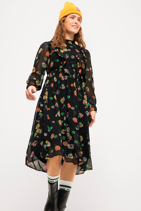 Midikleid, A-Line, Flowerprint, Rüschen-Stehkragen, Langarm