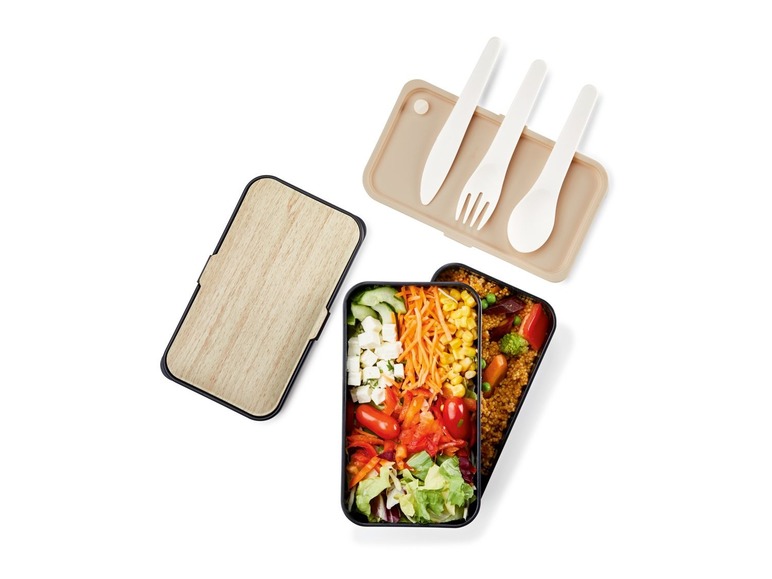 Lunchtrommel, 2 compartimenten, incl. 3-delig bestek