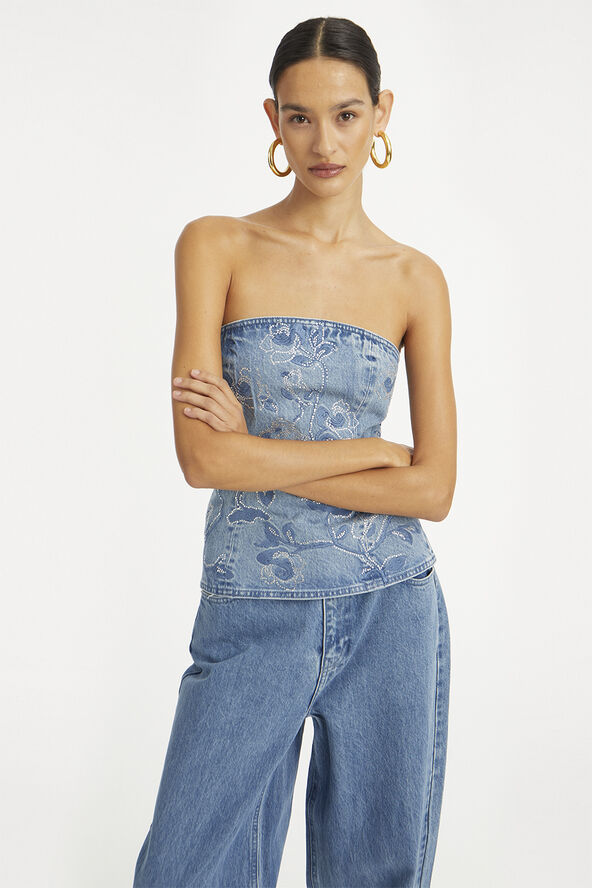ROTATE Birger Christensen RHINESTONE WIDE LEG JEANS Medium blue denim