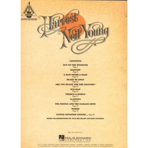 Hal Leonard Harvest Neil Young