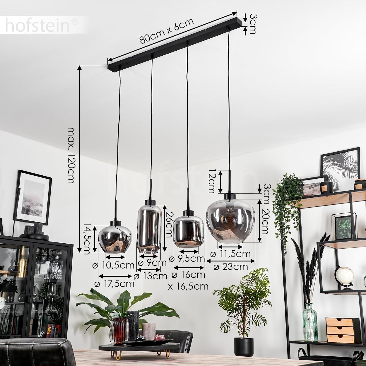 Hängeleuchte Talok, Hängelampe aus Metall/Glas in Schwarz/Rauchfarben, Leuchte im Vintage/Retro Design mit Schirmen aus Glas, 4-flammig, Höhe max. 120 cm, 4 x E27, ohne Leuchtmittel