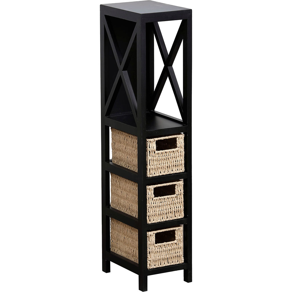Meuble de rangement salle de bain noir 1 étagère et 3 paniers naturel 17x82x24cm