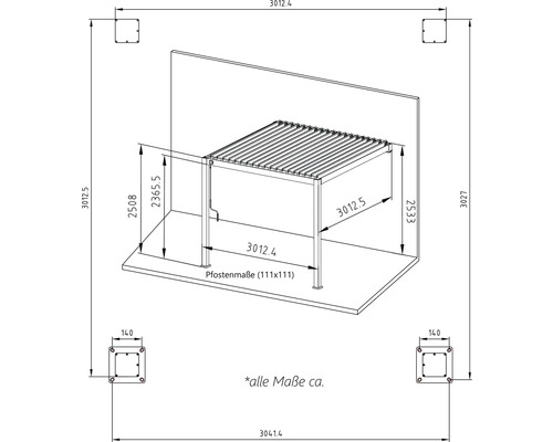 Pergola met lamellendak 3x3 kader RAL 7015 leigrijs incl. verticale zonwering (wandmontage)