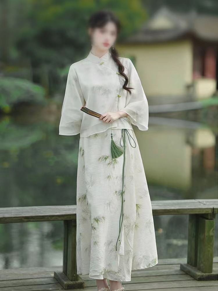 Fioridi - 3/4-mouw bamboe print Hanfu top / midi A-lijn rok / set
