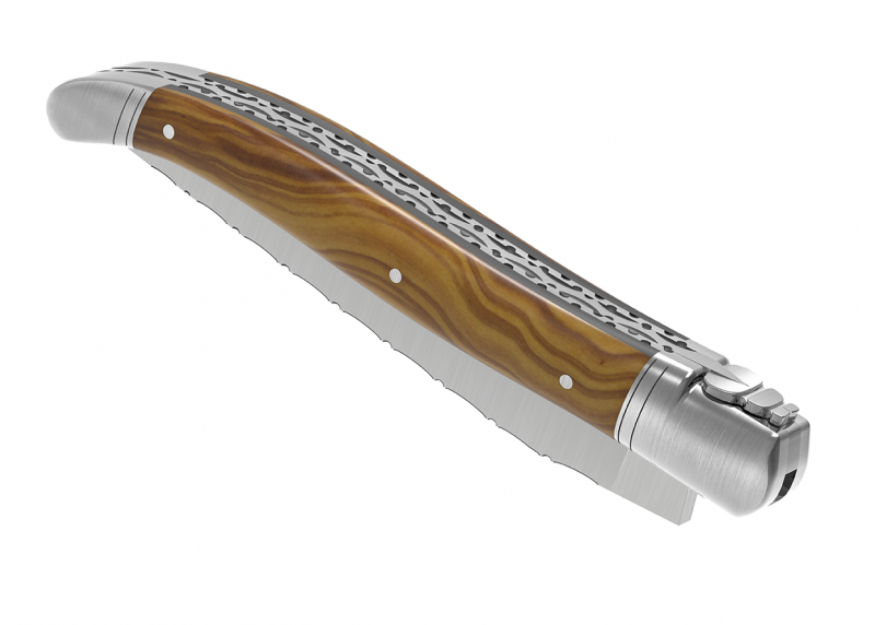 Couteau Laguiole prestige avec un manche en bois d'olivier et mitres en acier inoxydable