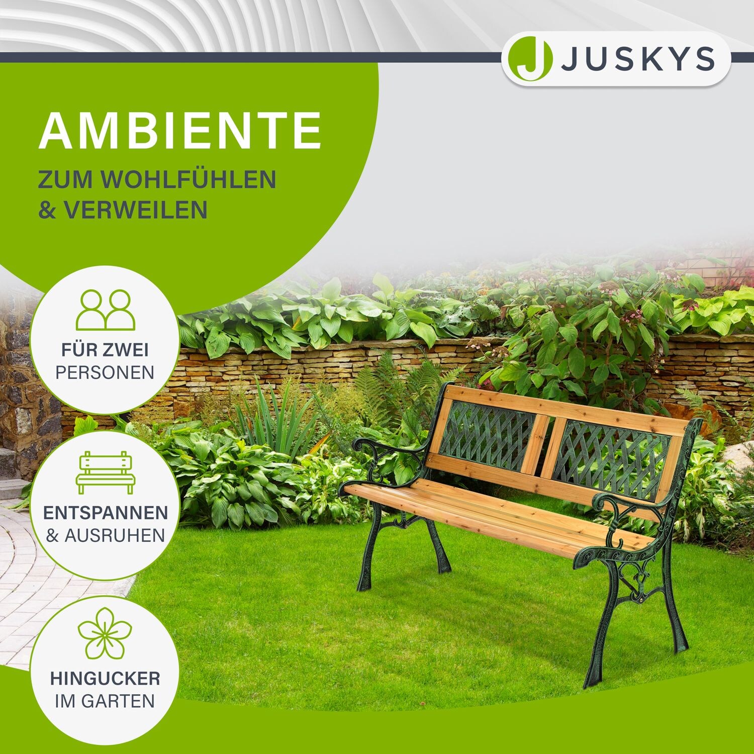 Juskys Gartenbank Sanremo – 2-Sitzer Sitzbank mit Armlehnen & Rückenlehne – 122x54x73 cm